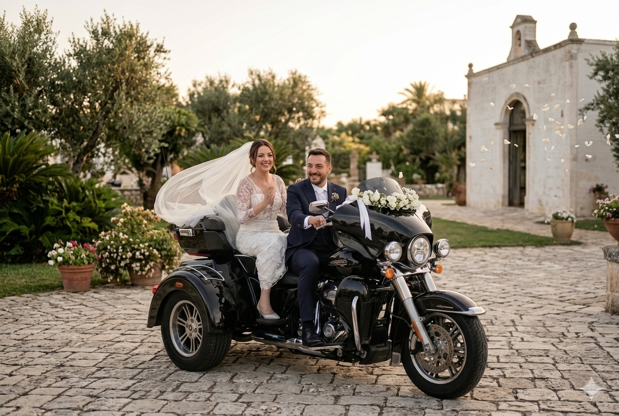 Sposi in masseria pugliese sulla Tri Glide